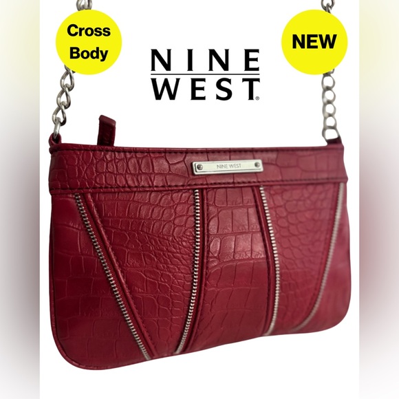 NEW 🔥 NINE WEST Red Croc Textured Crossbody, Chain Straps - Picture 1 of 15